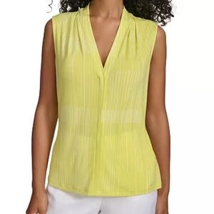 Calvin Klein Yellow White Geo Print VNeck Striped Sleeveless Blouse Petite Small